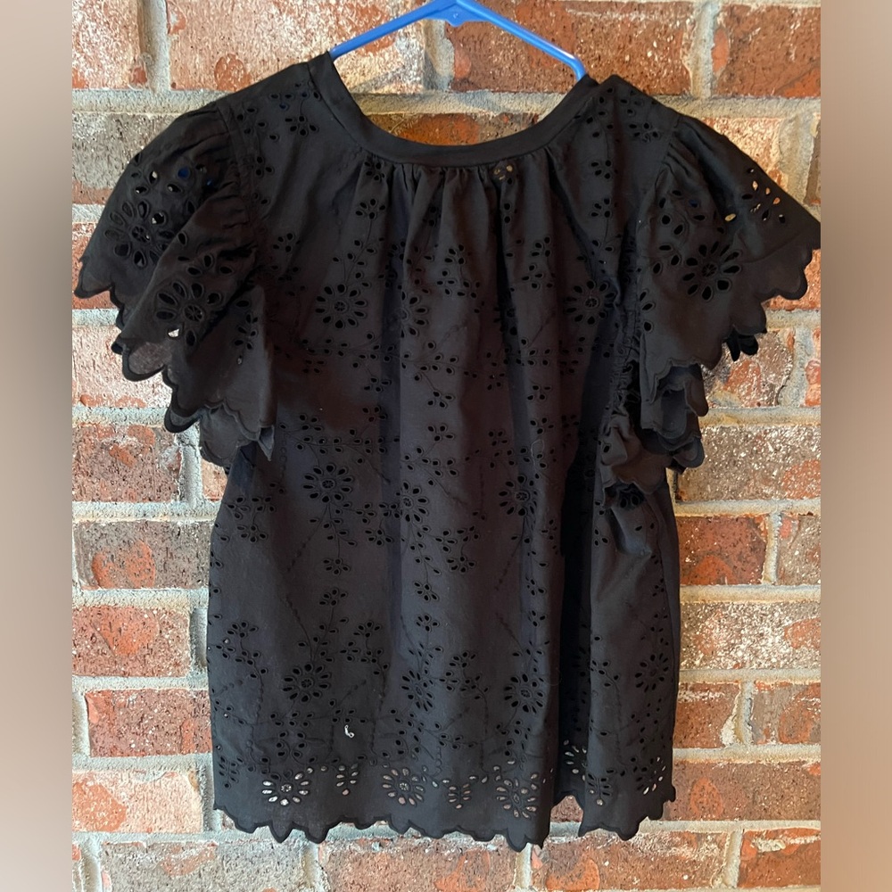 Anthropologie Seen Worn Kept Top Womens Medium Black Eyelet Embroidered Ruffle - Picture 3 of 3